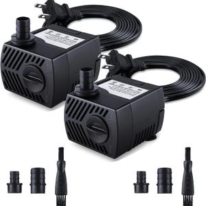 Fountain Pump, 2 Packs 80GPH(4W 300L/H) Submersible Water Pump, Durable Outdoor Fountain Water Pump with 7.2ft2.2m Power Cord, 3 Nozzles for Aquarium, Pond, Fish Tank, Water Fountain Pump