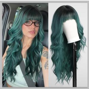 Green Wigs with Bangs,Green Wig for Women Highlight Long Wavy Wig for Women,Long Curly Wigs Synthetic Hair Wig for Party Cosplay Daily Use 26IN