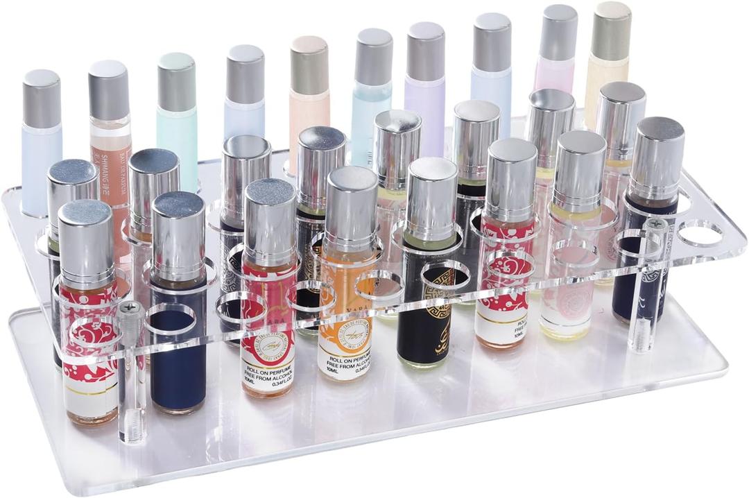 Rollerball Perfume Organizer, Beauty Scent Holder, 36 Space Clear Acrylic Perfume Organizer consists of 16 large sizes and 20 small sizes Tall Scented Oil Storage Display Case