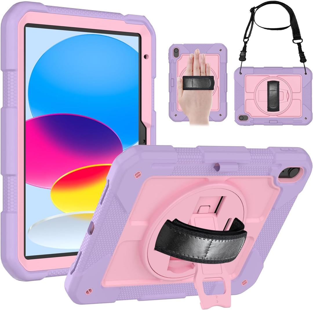 LTROP Case for iPad (A16) 11th Generation 11 Inch 2025/ 10th Generation 10.9 Inch 2022, Strong Protective Shockproof Cover with Rotating Kickstand Shoulder Hand Strap Stylus Holder, Purple/Pink