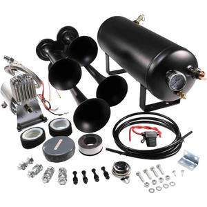 12V 4 Trumpets Train Horn Kit 150psi Complete Onboard System 150psi Air Compressor 1.5 Gallon Air Tank 4 Trumpets Fits Any Vehicle Truck Car Semi Pickup Replacement for Jeep RV SUV Super Loud dB (Not Specified)