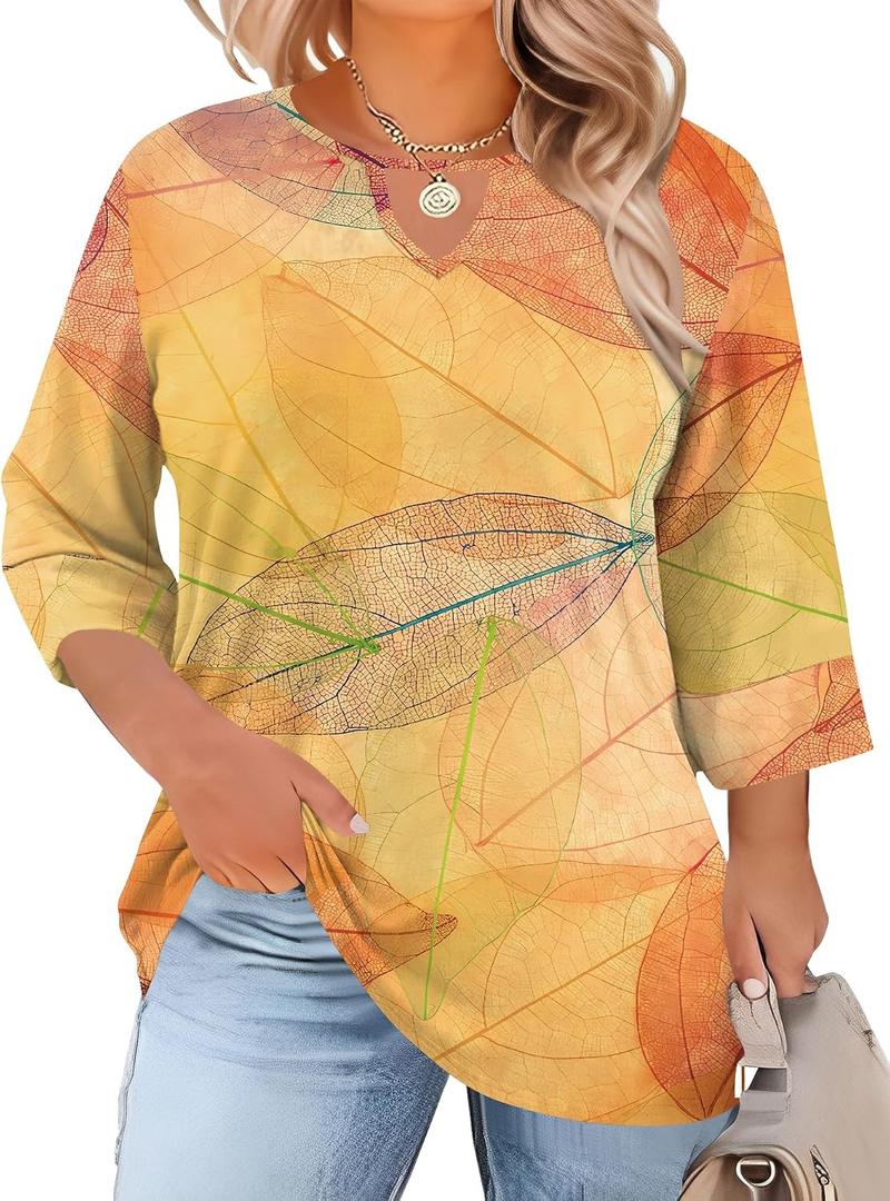 Rapbin Womens Plus Size Tops 3/4 Length Sleeve Shirts Crewneck Dressy Casual Blouses Trendy Keyhole Tunic Top XL-5XL (XXXL)