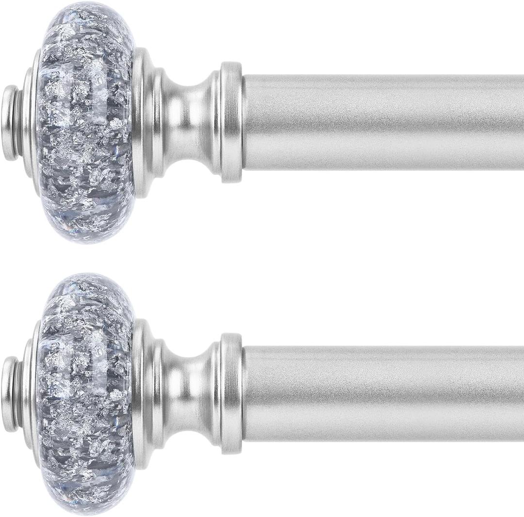 2 Pack Silver Curtain Rods for Windows 30 to 41 Inch, Decorative Vintage Crystal 1'' Diameter Curtain Rod with Silver Foil Finials, Adjustable Heavy Duty Easy Install Drapery Pole for Farmhouse