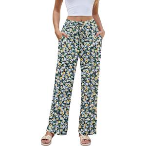 KUOTAI Womens Casual Elastic High Waist Wide Leg Pants Summer Flowy Beach Palazzo Trousers with Pockets (L)