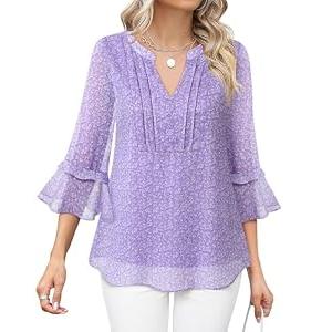 Furnex Womens Shirts Dressy Casual: 3 4 Sleeve Tops - Business Work Blouses - Ladies Work Business Office Attire Elegant Floral V Neck Cute Workout Fancy Chiffon Tunic 2025 Grey Violet L