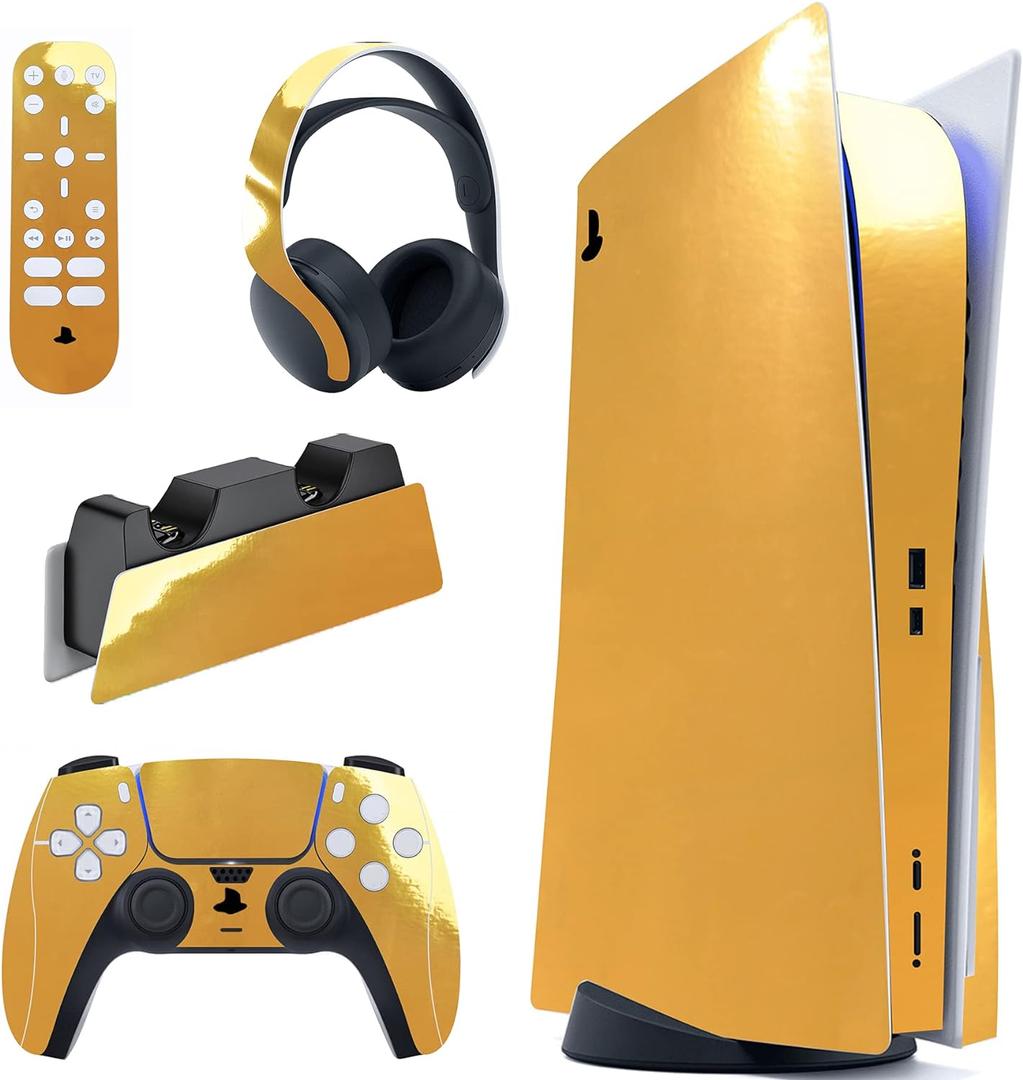 PlayVital Chrome Gold Glossy Full Set Skin Decal for ps5 Console Disc Edition, Sticker for ps5 Vinyl Decal Cover for ps5 Controller & Charging Station & Headset & Media Remote (Chrome Gold)