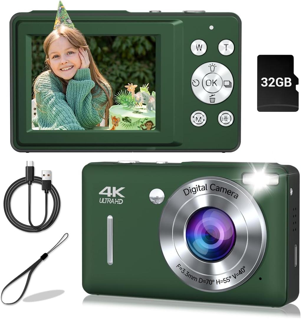 Digital Camera, 44MP Compact Camera, FHD 1080P Point and Shoot Digital Cameras with 16X Zoom, Face Detect, Smile Capture, Anti Shake, for Boys Girls Teens Gifts (Deep Green)