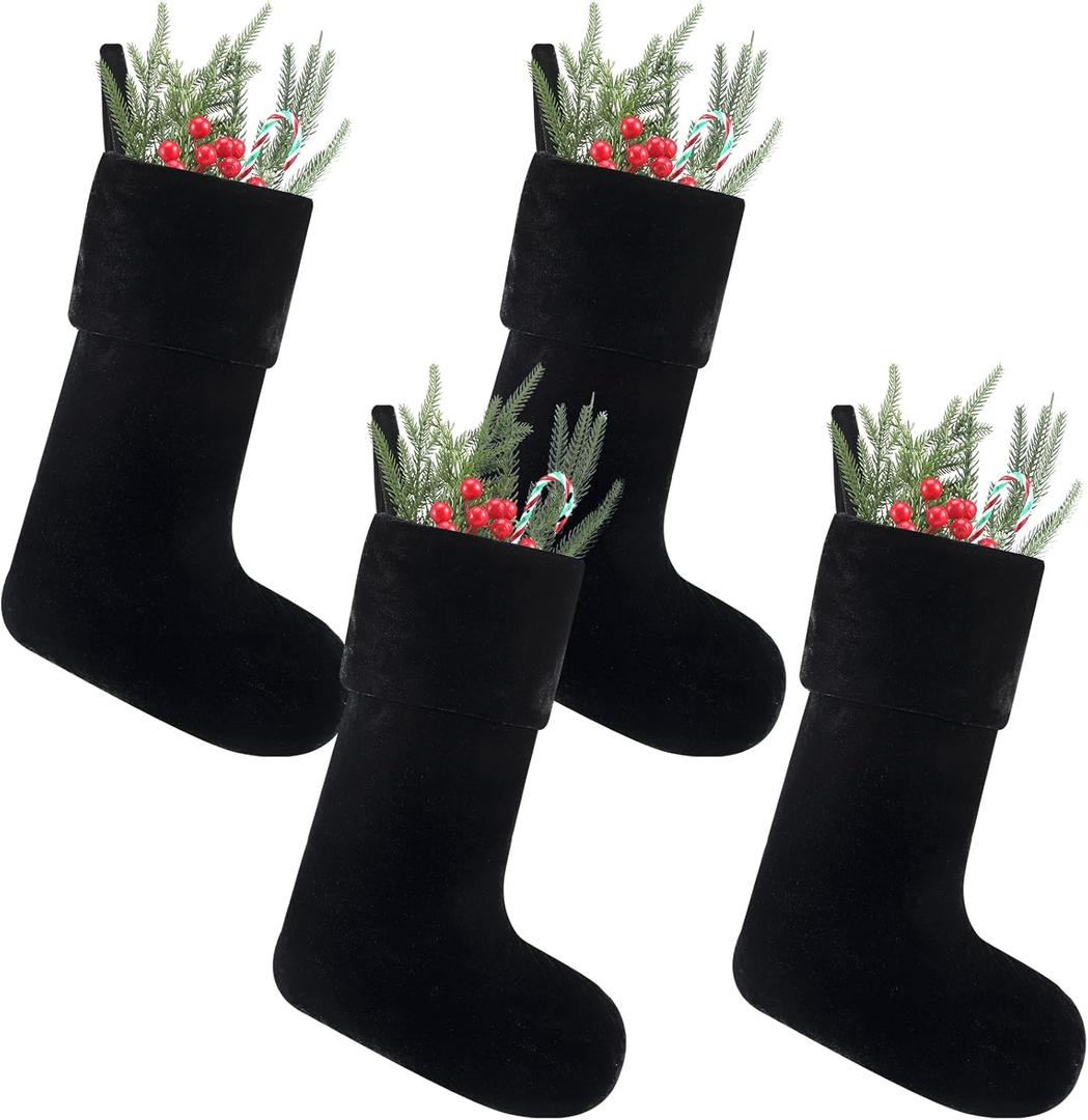 Soulchen 4 Pieces Christmas Velvet Stocking 10 x 19 Inch Xmas Hanging Stockings Sock for Fireplace Christmas Tree Ornament Holiday Season Party Decorations (Black)