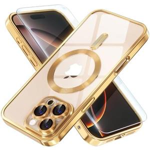 Misea Magnetic for iPhone 16 Pro Max Case with MagSafe [Never Yellowing] [Military Grade Drop Protection] Full Camera Lens Protector Plating Soft Clear Phone Case for Women Girls 6.9 inch, Gold
