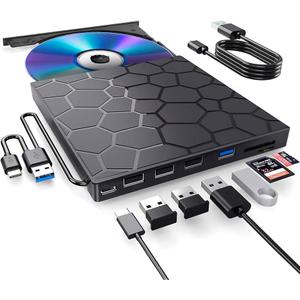 8  in 1 External CD/DVD Drive,USB 3.0 and Type-C Disc Burner Player Reader Writer,Slim and Portable CD DVD +/-RW Optical Drive for PC Laptop Desktop MacBook Mac Windows Linux OS Apple
