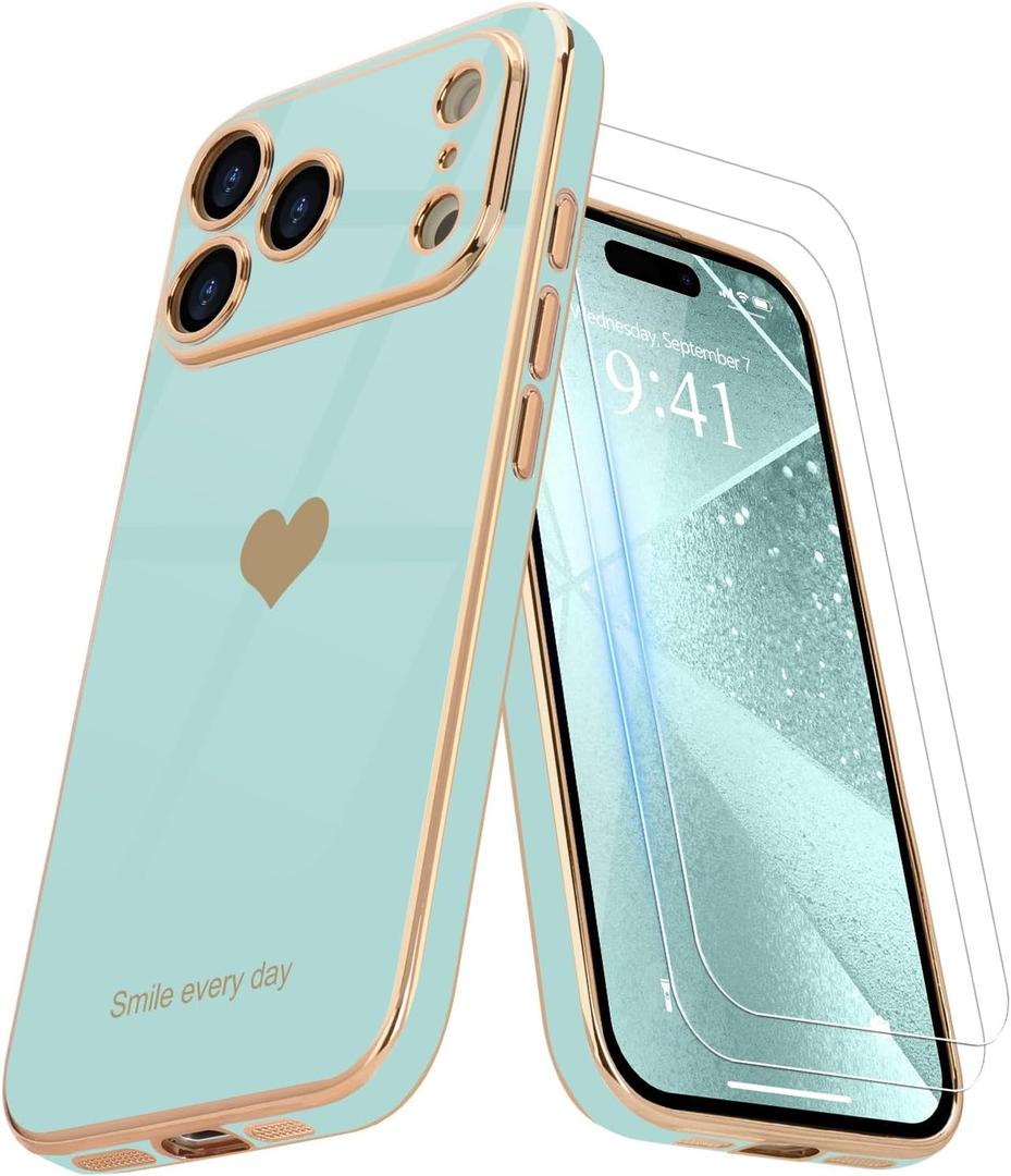 Teageo for iPhone 17 Pro Max Case with Screen Protector [2 Pack] Girl Women Cute Girly Love-Heart Luxury Gold Soft Cover Camera Protection Shockproof Phone Case for iPhone 17 Pro Max, Pearl Aqua