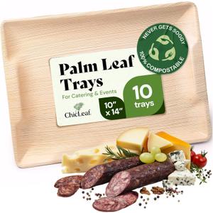 Chic Leaf Compostable Palm Leaf Serving Trays, 10x14 Inch Rectangular Disposable Platters for Charcuterie, Parties, and Catering, Heavy-Duty Microwave Safe Natural Wood-Look Plates, 10 Pack