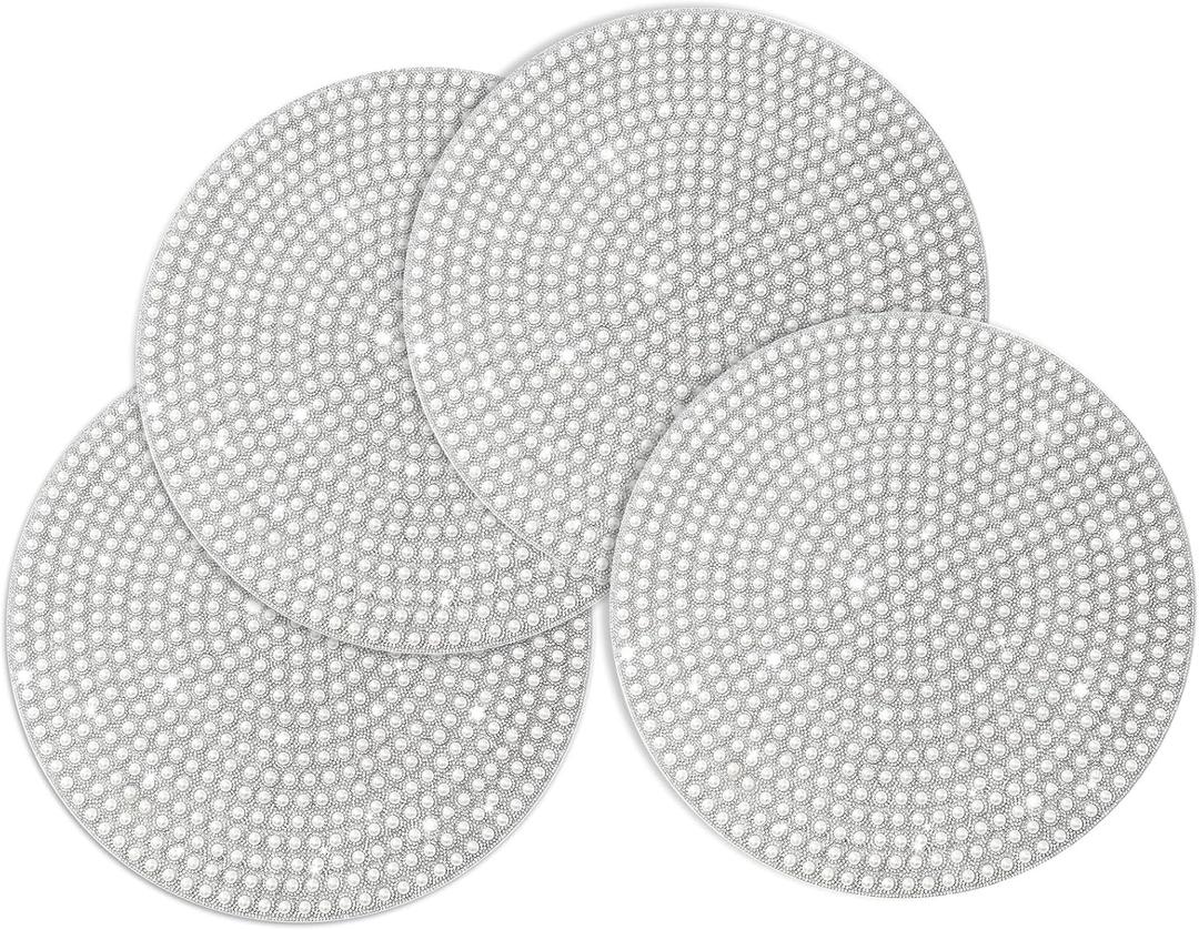 Pearl Round Placemats Set of 4, 15-inch Anti-Slip Tablescapes Decorations Sparkling Bling Rhinestones Silver Placemat for Nightstand Tablecloths Centerpiece Standing T-Lights Candles Vases Mat