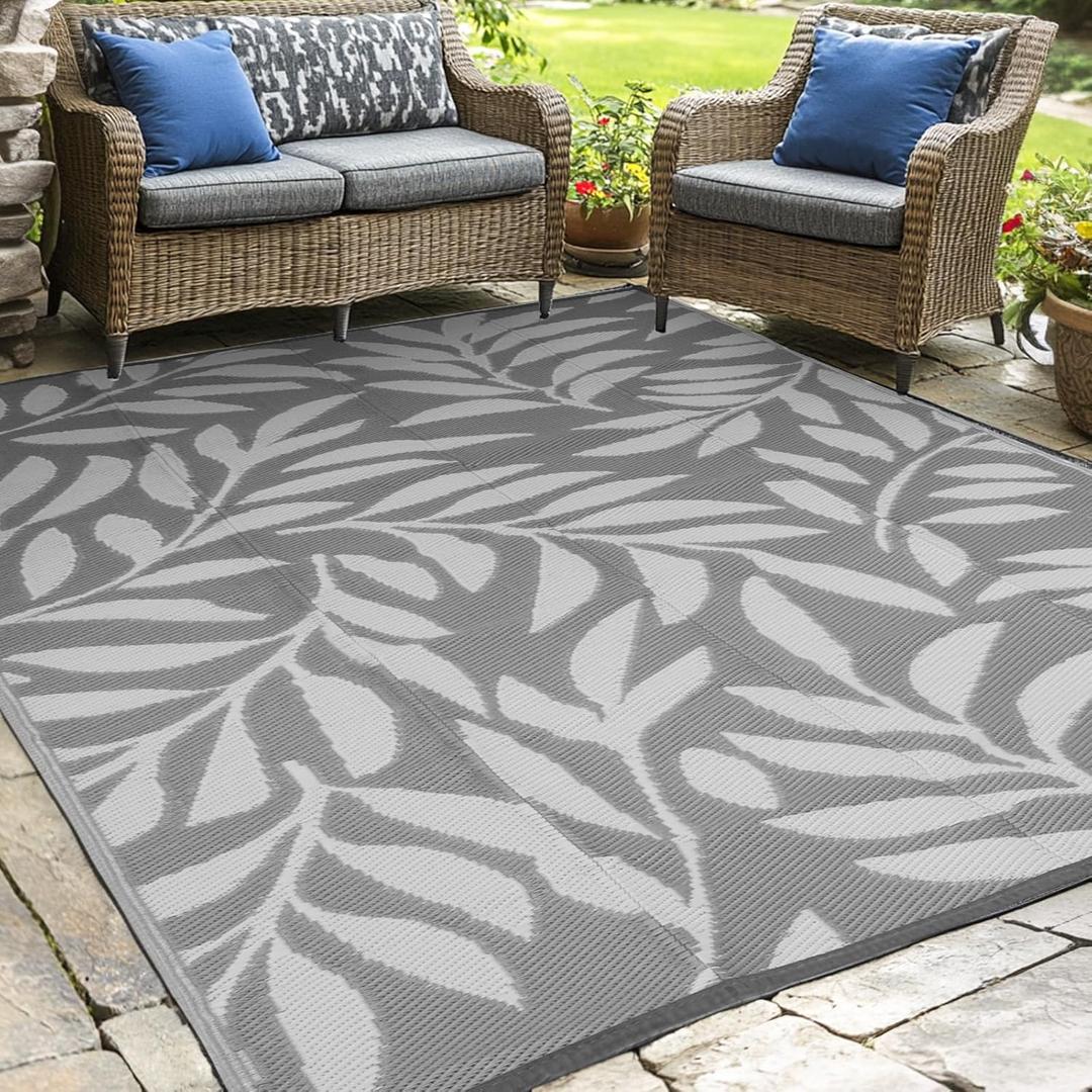wikiwiki Outdoor Rug, 8x10ft Waterproof Reversible Mat Indoor Outdoor Rugs Carpet, Small Area Rug Plastic Straw Rug for Patio Deck Balcony Pool RV Camping Beach Picnic, Grey, Rugscape Series