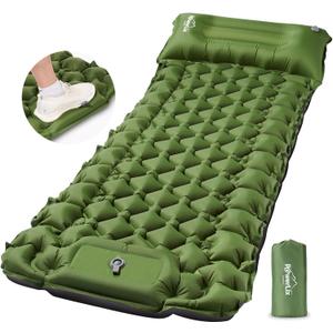 POWERLIX Camping Sleeping Pad with Built in Pillow, Ultralight Camping Mattress Airpad for Outdoor Backpacking Hiking Travelling, Compact Self Inflating Camping Mat, Foot Pump to Inflate (Single, Green)
