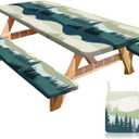 Picnic Table Cover with Bench Covers Portable Table Cloth Built-in Storage Pocket Fitted Tablecloth with Elastic Edges Waterproof Camping Essentials for Indoor Outdoor Rv,72in,Green Blue (72x30in)