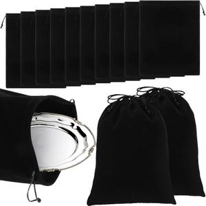 Boao 10 Pcs Silver Storage Bags, 9 x 11.8 Inch Fabric Cloth Anti Tarnish Bags for Silver Jewelry Silverware Protection Flatware Silverplate Tarnish Cleaning(Black)