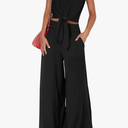 Fashion Women's Summer 2 Piece Outfits Cap Sleeve Strappy Crop Top Wide Leg Pant Sets Casual Tracksuit Lounge Wear 2025 M