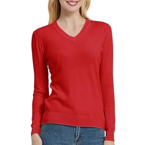 Urban CoCo Women's V Neck Long Sleeve Solid Classic Knit Pullover Sweater Tops Red, XL