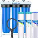 PUREPLUS 20-Inch 3-Stage Whole House Water Filter, Home Filtration System | Pleated Pre-Filter, Activated Carbon & Iron-Manganese Reducing | Built-in Pressure Gauges, with Steel Stand Frame