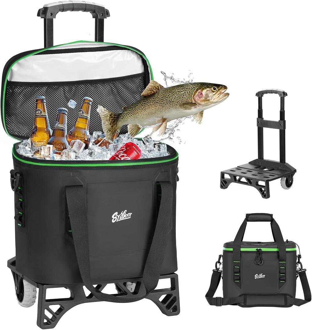 30 Can Small Rolling Cooler with Wheels, Detachable All-Terrain Trolley, Leakproof Insulated Soft Cooler Bag with Wheels and Handle Collapsible for Beach Camping Travel Outdoor