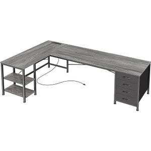 Huuger 63 Inch L Shaped Desk with Fabric Drawers, Reversible Computer Gaming Desk with Power Outlets and USB-C Port, Adjustable Side Storage Shelves, for Work Study Corner Home Office, Grey