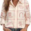 MYMORE Women's Western Cowgirl Graphic Button Down Shirt Long Rolled 3/4 Sleeve Floral Print Cowboy Shirts (Beige, M)