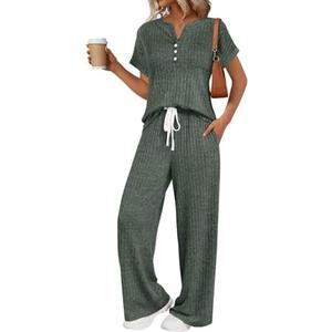 LILLUSORY Women's 2 Piece Matching Lounge Sets Summer Henley Neck Wide Leg Pants Casual Sweat Suit Medium