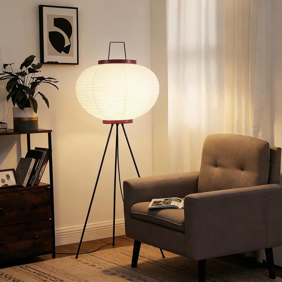 Japanese Rice Paper Floor Lamp, Wabi Sabi Standing Light | Handmade paper shade. Perfect for living room, bedroom, or office. Easy assembly. Size: 51"H x 18"W. Bulb included.