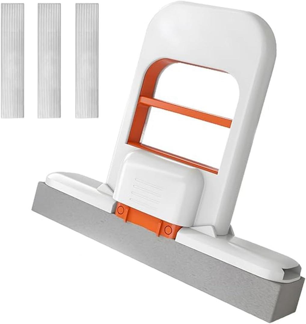 Mini Foldable Desktop Mop, Mini Mop for Small Spaces, Portable Cleaning Sponge Mop for Bathroom, Kitchen, Countertops, Glass, Tile - Wet/Dry Use with One-Hand Squeeze Handle & Replaceable Head (White)