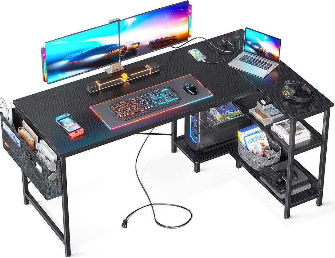 ODK 55 Inch Small L Shaped Computer Desk with Power Outlets, Corner Desk with PC Stand & Reversible Storage Shelves for Small Space Home Office Workstation, Modern Simple Writing Study Table, Black