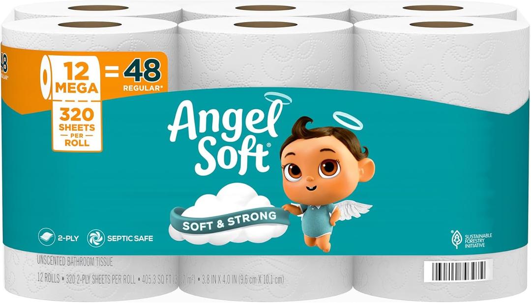 4 x Angel Soft Toilet Paper, 12 Mega Rolls = 48 Regular Rolls, Soft and Strong Toilet Tissue