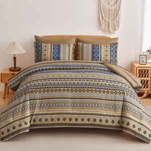 Mybedsoul Brown Boho Style Comforter Set 7 Pieces, Queen Size Aztec Bed in a Bag, All-Season Bedding Set with Sheets & Pillow Shams, Bohemian Geometric Striped Pattern