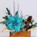 24 Pcs Christmas Teal Blue Glittered Mesh Holly Leaf Artificial Poinsettia Flowers Picks Tree Ornaments 5.9" W for Teal Blue Christmas Tree Wreath Garland Floral Gift Winter Wedding Holiday Decoration