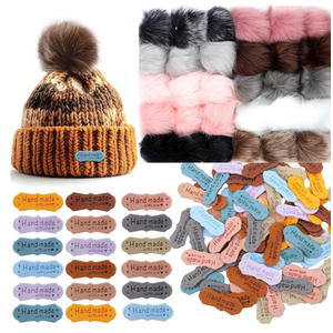 Cinnvoice 30 Pcs Faux Fur Pom Poms for Hats 4" with 100 Pcs Handmade Leather Tag Label Fluffy DIY Knitting Hat Pompoms with Elastic Loop Crochet Craft Accessories for Shoes Scarves Gloves Bag Keychain