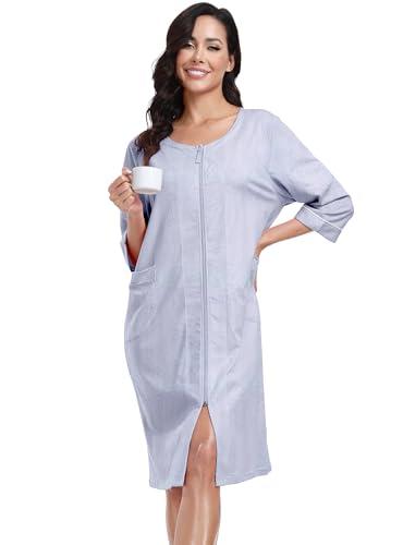 EA'S SECRET 100% Cotton Robe for Women Summer Short Sleeve Zip Front Robes Comfy Soft Womens Cotton Housecoat(Grey,XL)