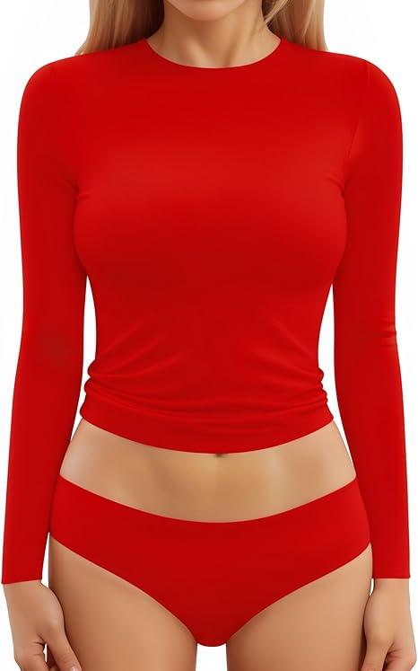 MANGOPOP Women's Tops Long Sleeve Crew Neck t Shirts Double Lined Slim Fitted Lined Tight Basic Tee Shirt (Small, Red)