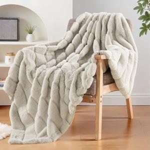 NEXHOME PRO Faux Fur Throw Blanket, Cozy Fluffy Soft Blanket or Couch Sofa Bed Living Room Decorative, Reversible Puffy Thick Warm Blanket for Winter 60"X80" Beige