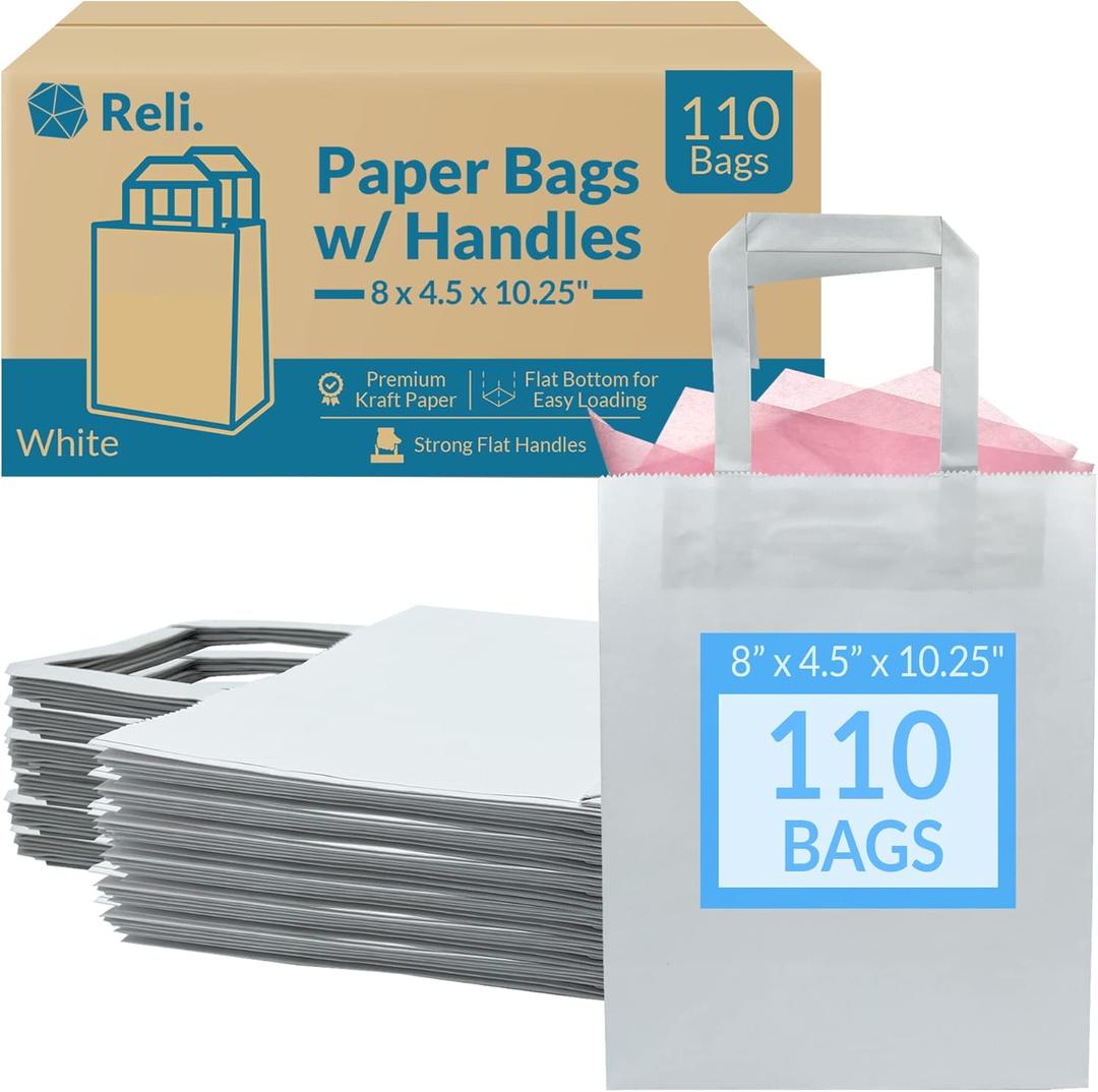 Reli. White Paper Bags | 110 Pcs Bulk | 8"x4.5"x10.25" | White Paper Bags With Handles | Kraft, Small Gifts, Shopping, Retail, Merchandise