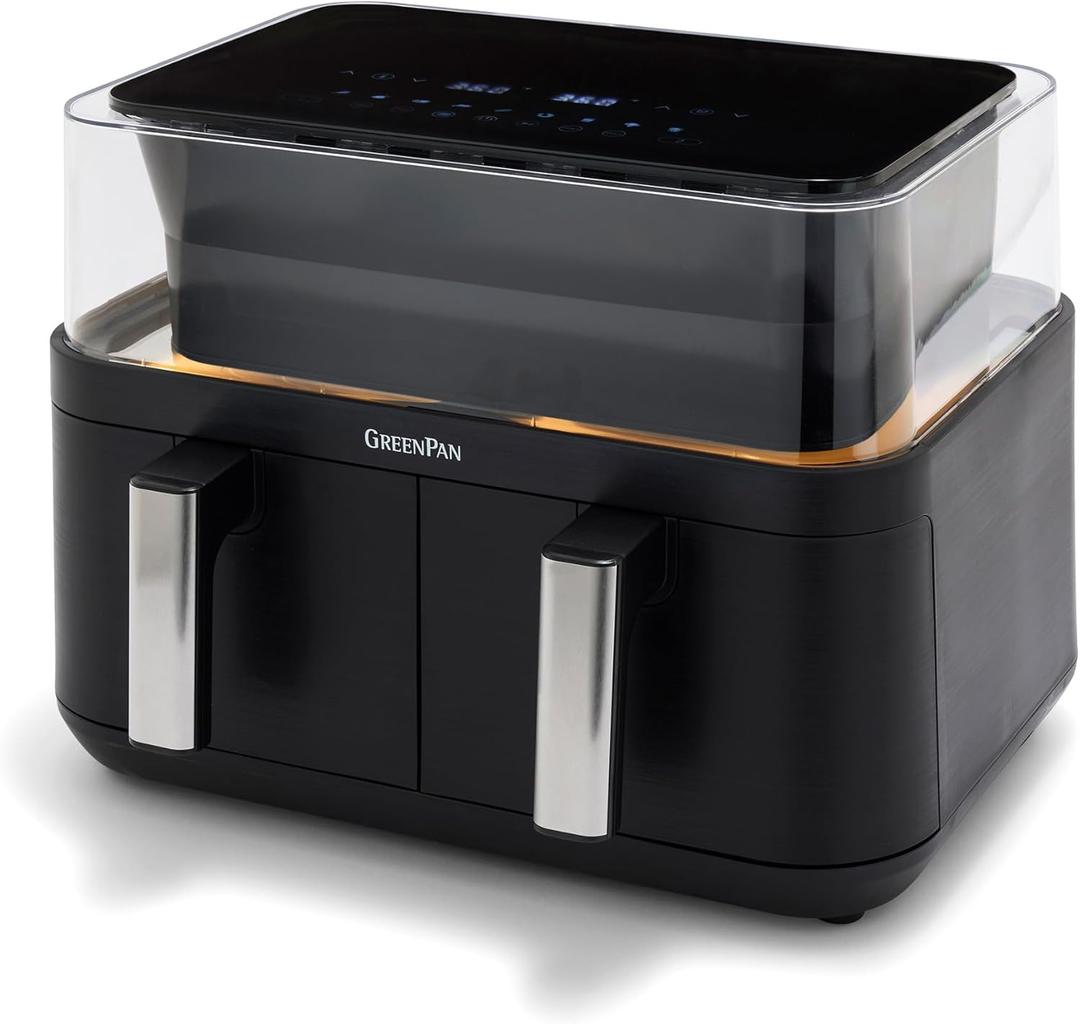 GreenPan Clearview 10QT Double Air Fryer, 360 Clear Window, PFAS-Free Ceramic Nonstick 5QT Drawers & Trays, Dual Cooking, 12-Presets, Shake Reminder, Keep Warm, Dishwasher Safe Parts (Black)