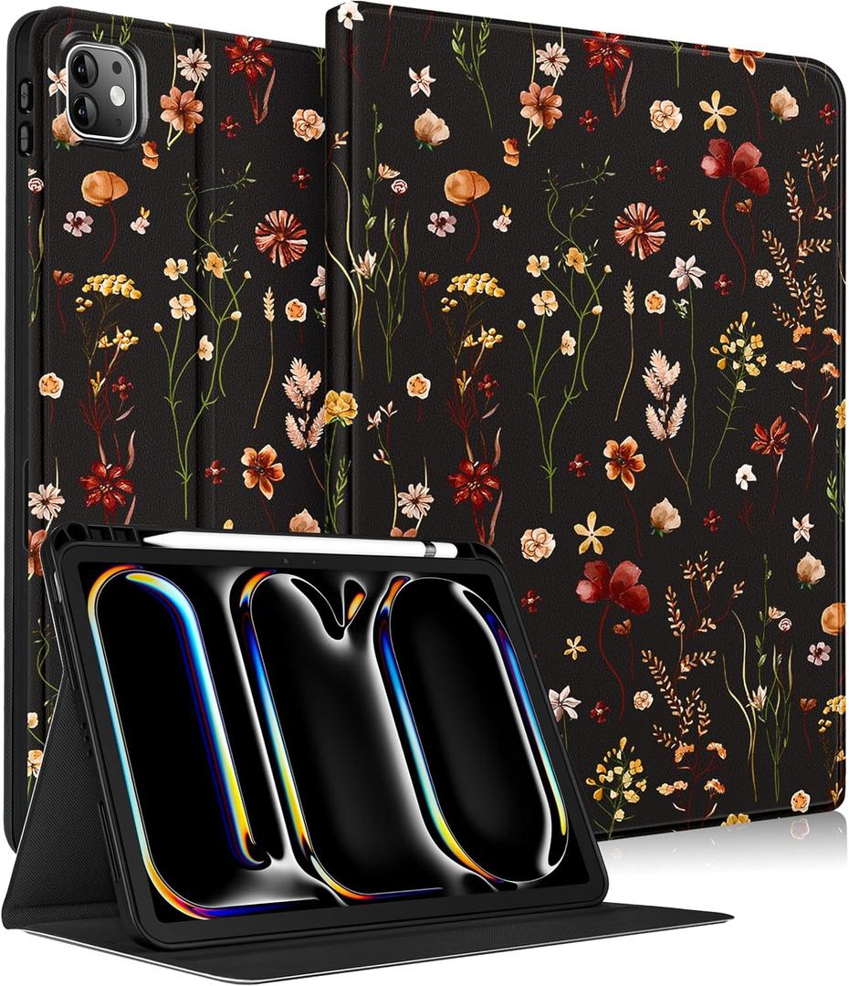 for iPad Pro 11 Inch Case M5 2025/M4 2024 - Smart Folio Cover (Auto Wake/Sleep) with Build-in Pencil Holder for Apple Tablet Soft PU Leather Cover for Women Girls,Retro Floral (Black Retro Flower)