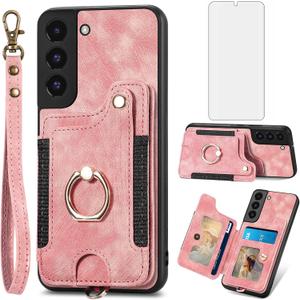 Phone Case for Samsung Galaxy S22 Plus S22+ 5G Wallet Cover with Screen Protector and Wrist Strap Lanyard RFID Credit Card Holder Ring Stand Cell Accessories S22+5G S22plus 22S + S 22 22+ Women Pink