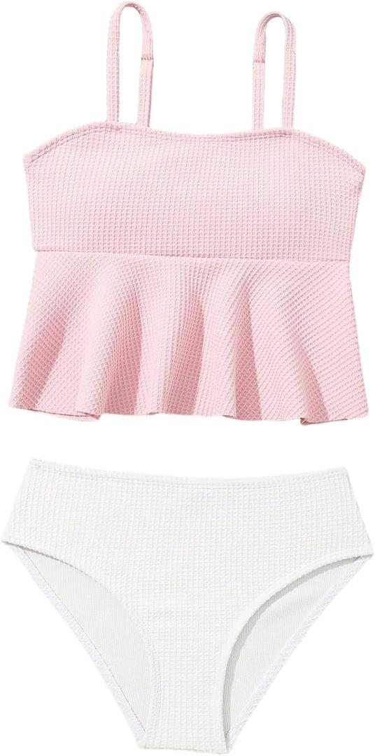 QJQ Girl's 2 Piece High Waisted Swimsuits Ruffle Waffle Bathing Suit Summer Cute Bikini Sets