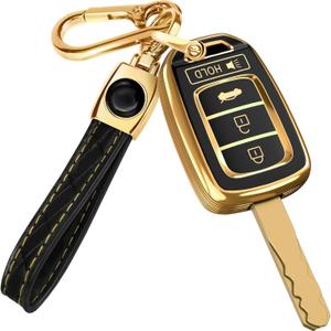 Lucrum Compatible with Honda Key Fob Cover & Leather Keychain - TPU Keyfob Case for Accord Civic CR-V HR-V Pilot Ridgeline SE LX, For 4 Button Remote (2014-2022) - Black and Gold