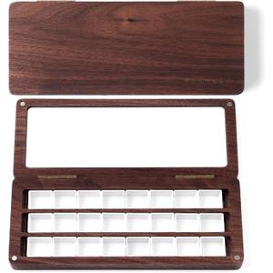 Fuumuui Watercolor Palette Box, Walnut Wood Palette Kit with Cover, 24 Empty Removable Half-pan Grids, Dual Tip Travel Brushes, for Watercolor Gouache Color Mixing, Pure White Palette