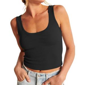 Artfish Women's Scoop Neck Sleeveless Knit Ribbed Fitted Casual Crop Tank Top (Black, S)