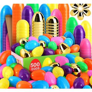 LEASEN [ 12 Surprise Golden Eggs ] 500 Pack Plastic Easter Eggs Bulks, 2.3 Inch Empty Easter Eggs, Bright Colors Plastic Eggs Fillable for Easter Hunt, Basket Stuffers Fillers, Easter Party Favor Pack Of 3