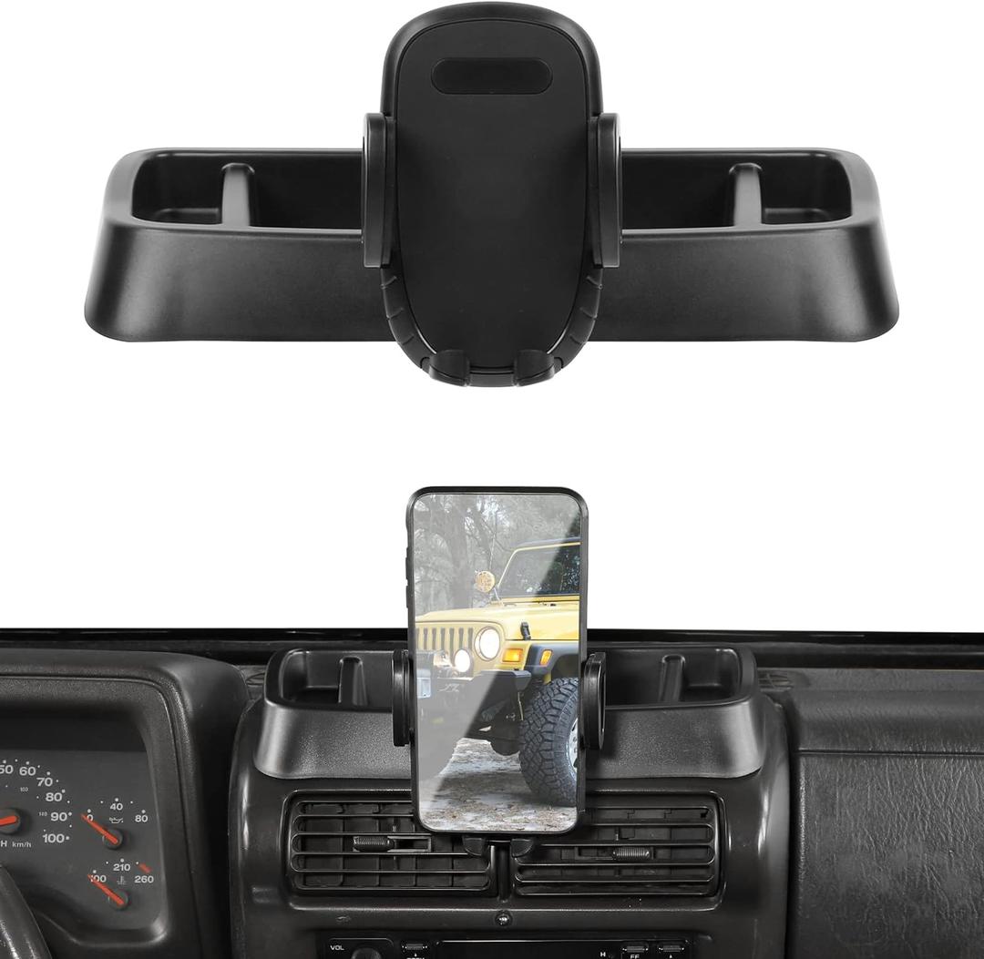 JeCar TJ Phone Holder Upgrade Dash Cellphone Mount with Storage Tray Interior Accessories Compatible with Jeep Wrangler TJ 1997-2006