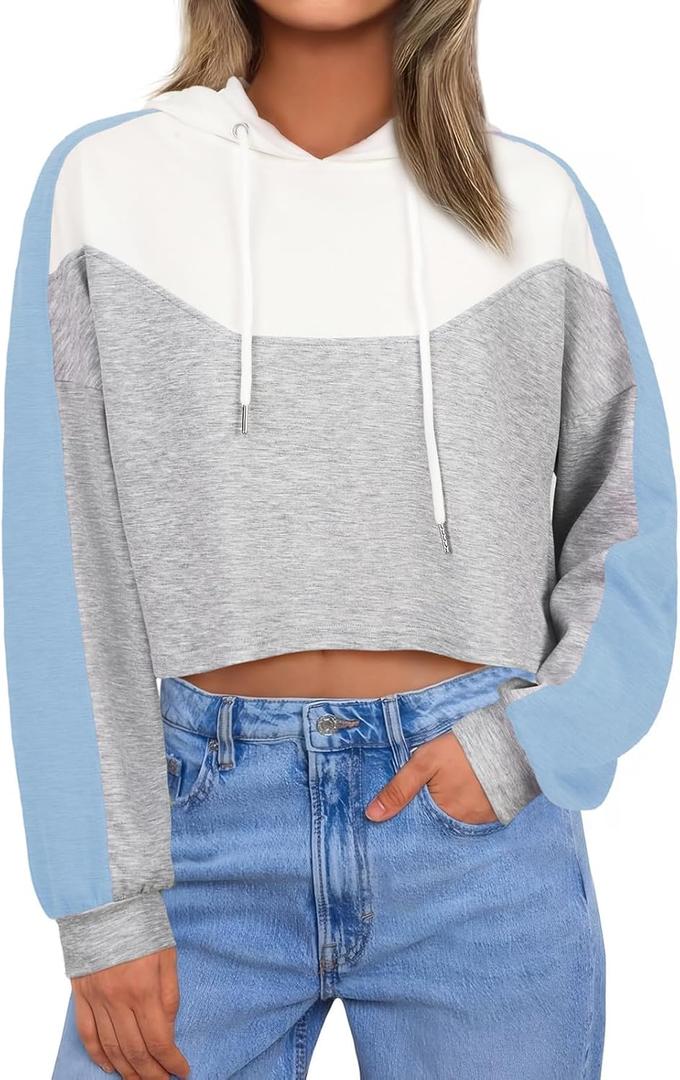FAIRY SEASON Women Cropped Hoodies Long Sleeve Oversized Hooded Sweatshirt Color Block Crop Top Shirt Y2K Workout Pullover (Small, Blue)