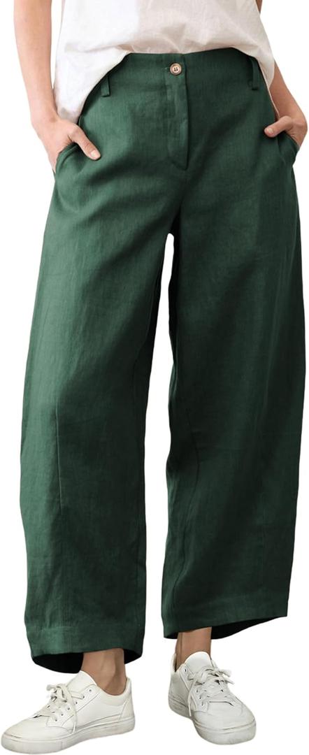 Tanming Womens Linen Pants Casual Capri Baggy Wide Leg Trousers Palazzo Pants Beach Vacation Outfits (Black, XS)